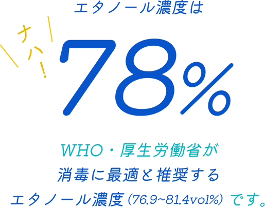 エタノールの濃度は78％WHO・厚生労働省が消毒に最適と推奨するエタノール濃度 (76.9~81.4vol%)です。
